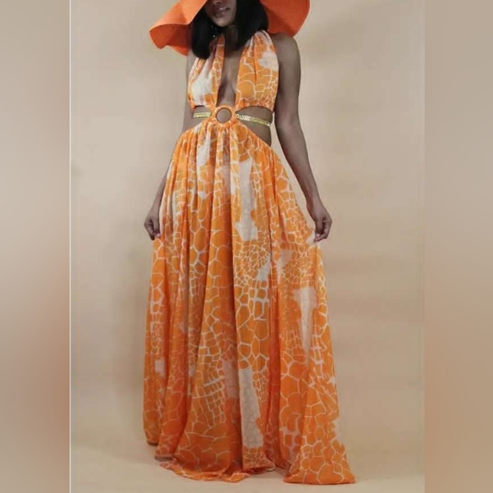 Elegant Orange Halter Maxi Dress